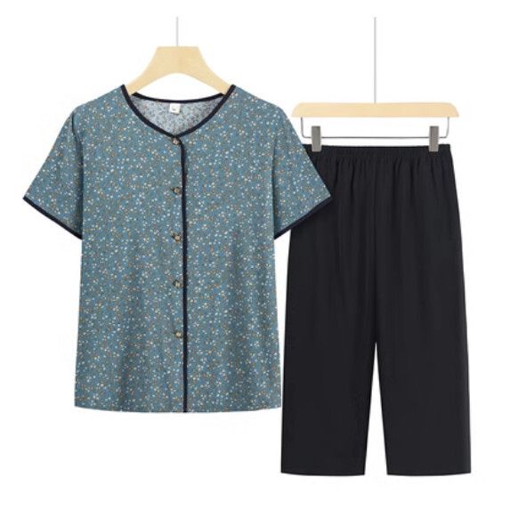 夏季中老年套裝（湖藍小碎花套裝）【尺碼：XL-4XL】【下單後聯絡客服確認發貨尺碼】F203013343