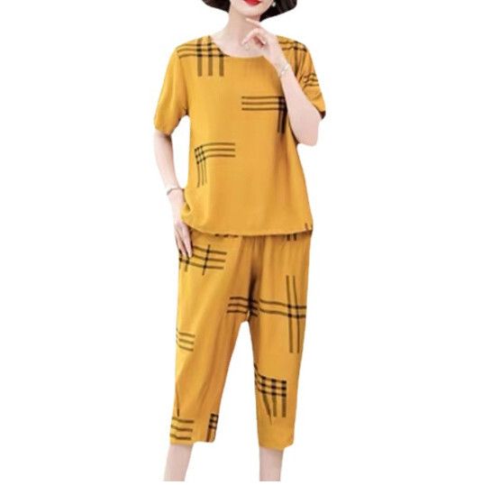 中年媽媽時尚套裝【黃色】 (尺碼：XL-5XL碼) (下單後聯繫客服確認發貨尺碼)#F158027223