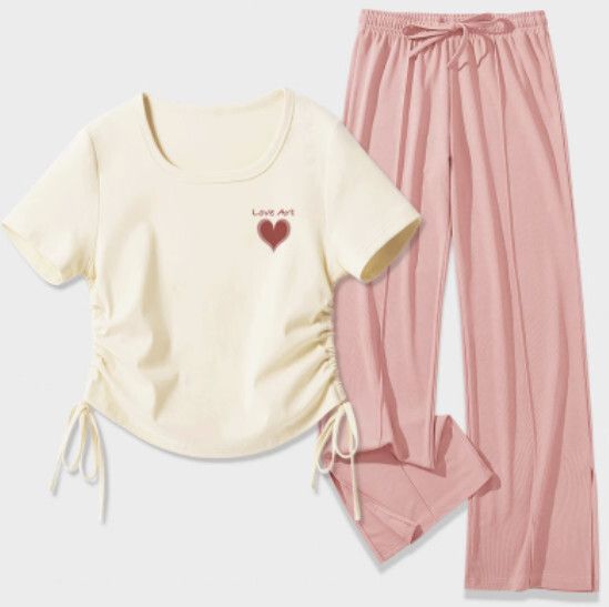 t恤+冰絲開叉長褲【奶白色（愛藝心）+粉褲】【S-2XL碼】（下單後請聯絡客服確認發貨尺碼）#K011002462
