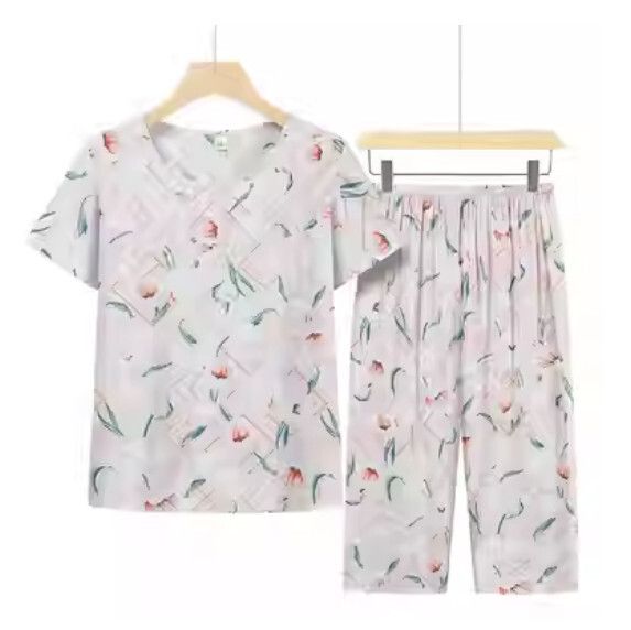 夏季中老年綿綢套裝（藕粉水仙）【尺碼：XL-5XL】【下單後聯絡客服確認發貨尺碼】F203013288