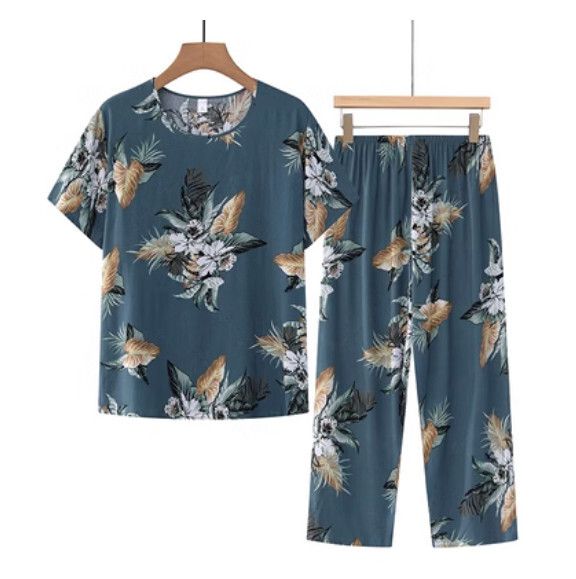 夏季中老年棉麻套裝（墨綠大花）【尺碼：XL-4XL】【下單後聯絡客服確認發貨尺碼】F203013127