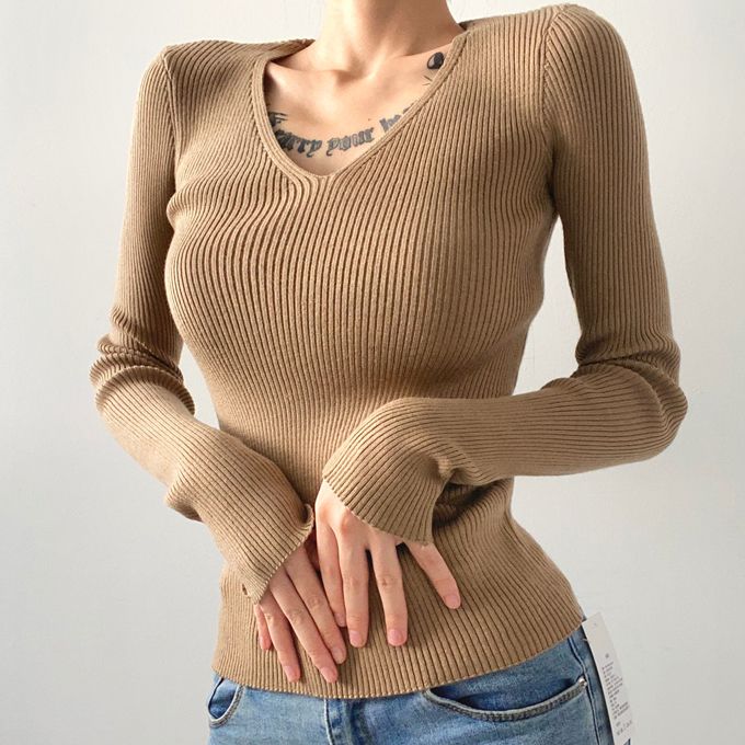 V領長袖打底針織衫(駝色)(S/M碼)(下單後聯絡客服確認發貨尺碼)#K004003266