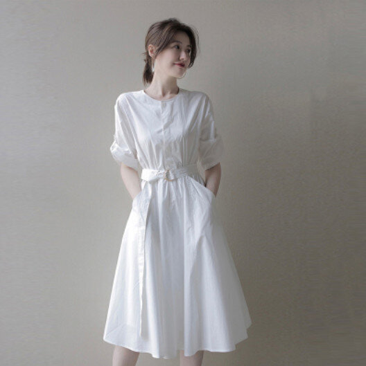 白色襯衫連衣裙（白色連衣裙 S-XL碼）（下單後請聯絡客服確認發貨尺碼)