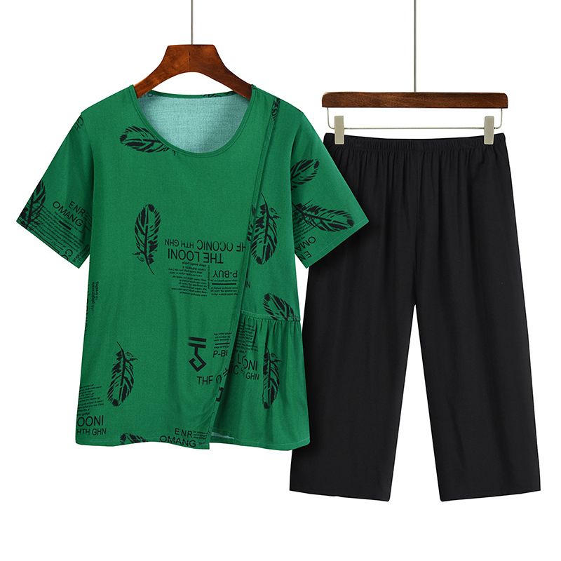 中老年媽媽短袖套裝(XL-4XL碼 綠色）【下單後請聯絡客服確認發貨尺碼】F001099365