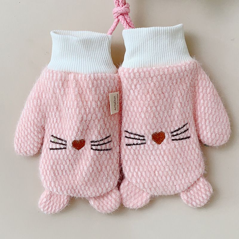 兒童刺繡包指掛脖加厚保暖手套(4-10歲粉色）#S001108298
