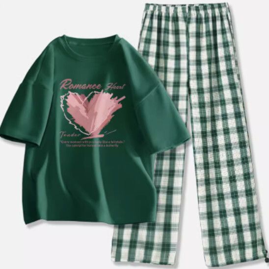 格子褲T恤兩件套【墨綠色（放肆蝶舞）+深綠褲】【S-2XL碼】（下單後請聯絡客服確認發貨尺碼）#K011002784