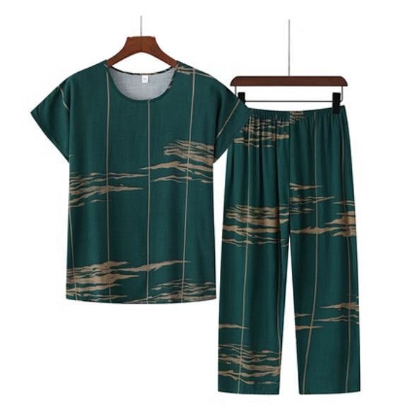 夏季中老年綿綢套裝（深藍色）【尺碼：XL-4XL】【下單後聯絡客服確認發貨尺碼】F203013041