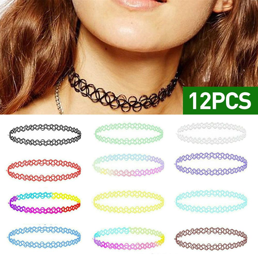 12Pcs Women Stretch Choker Creative Girl Necklace Pendants Black Elastic Chocker