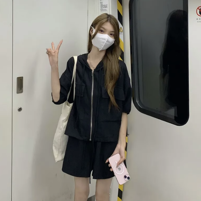 休閒運動連帽短袖短褲兩件套（黑色L-4XL）（下單後聯絡客服確認發貨尺碼）#F349001386