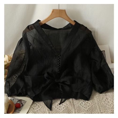 泡泡袖襯衫防曬雪紡上衣（黑色）（均碼）#F038083115