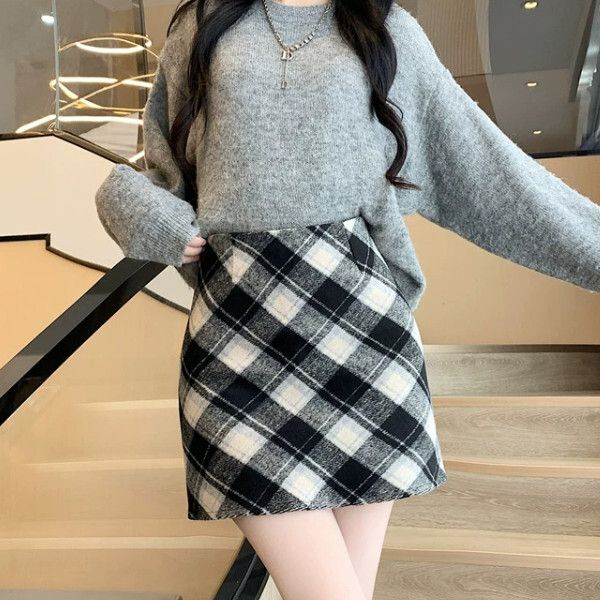 高腰格子半身短裙(S-XL碼)(黑色)(下單後聯絡客服確認發貨尺碼)#K004008485