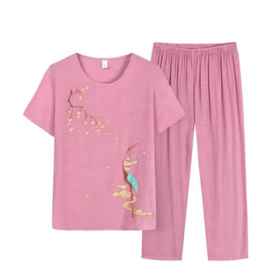 夏季中老年純棉麻套裝（【千鶴】粉色）【尺碼：XL-4XL】【下單後聯絡客服確認發貨尺碼】F203013029