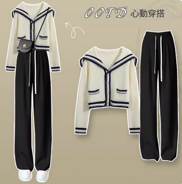 海軍領毛衣搭配闊腿褲子兩件套（藍條毛衣+黑色闊腿褲S-2XL）（下單後聯絡客服確認發貨尺碼）#F350001158