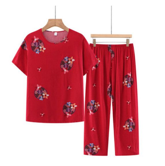夏季中老年睡衣套裝（棗紅色）【尺碼：XL-3XL】【下單後聯絡客服確認發貨尺碼】F203013091