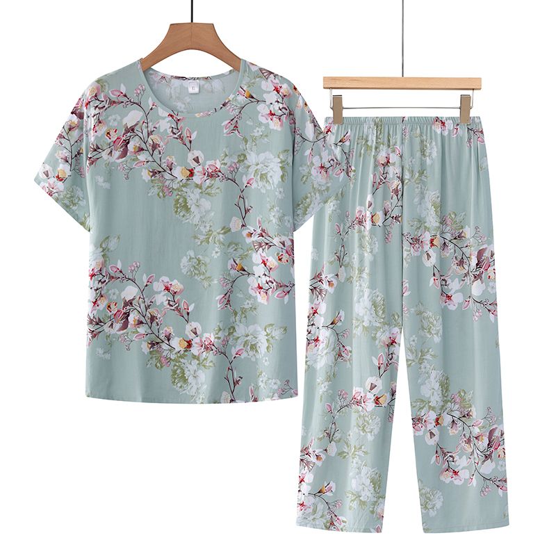 中老年媽媽短袖套裝(XL-4XL碼 淺綠梅花）【下單後請聯絡客服確認發貨尺碼】F001099399