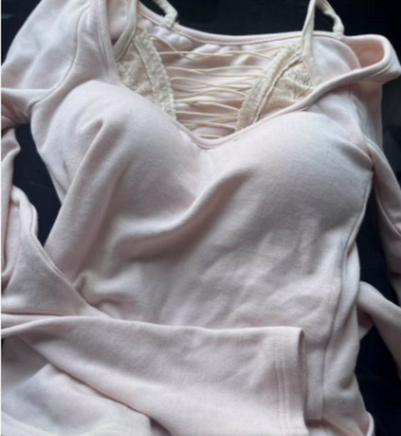 粉色V領緊身收腰長袖T恤（粉色S-XL）（下單後聯絡客服確認發貨尺碼） G352003008