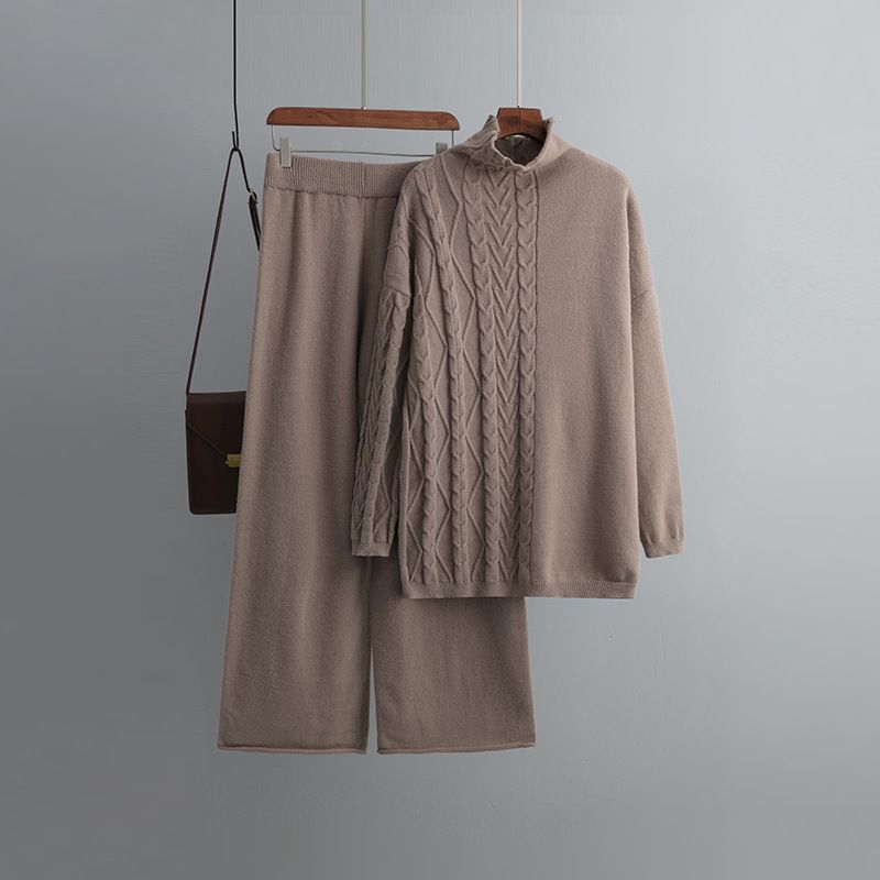 氣質休閒針織毛衣套裝(均碼 上衣+褲子 花咖啡）#F001100148