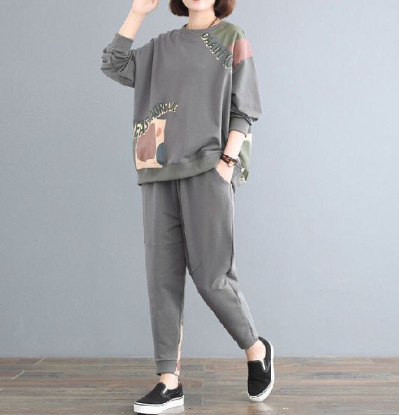 時尚寬鬆長袖兩件套【灰色】 (尺碼：L-5XL碼) (下單後聯繫客服確認發貨尺碼)#F158027418