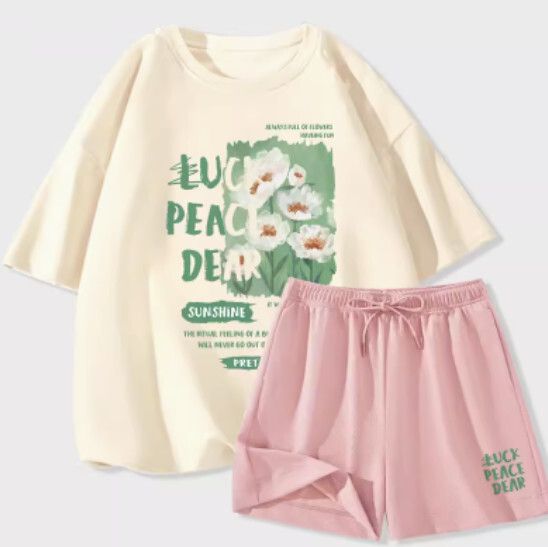 短袖冰絲短褲兩件套【奶白色（清風花田）+粉褲】【S-2XL碼】（下單後請聯絡客服確認發貨尺碼）#K011002578