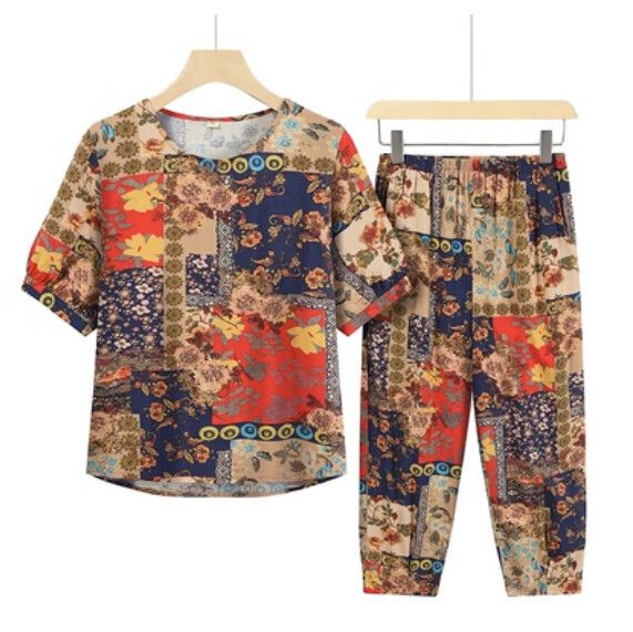 夏季中老年兩件套套裝（金黃滿天星）【尺碼：XL-3XL】【下單後聯絡客服確認發貨尺碼】F203013154
