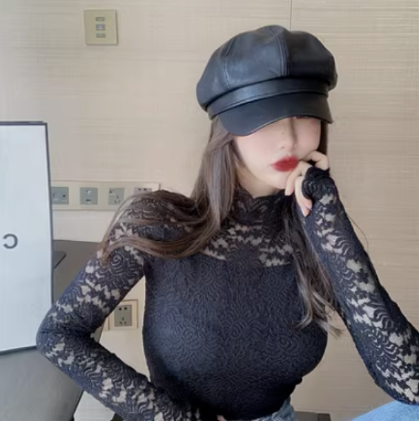 彈力蕾絲打底衫高領加絨加厚上衣（黑色）（均碼）#F080017473