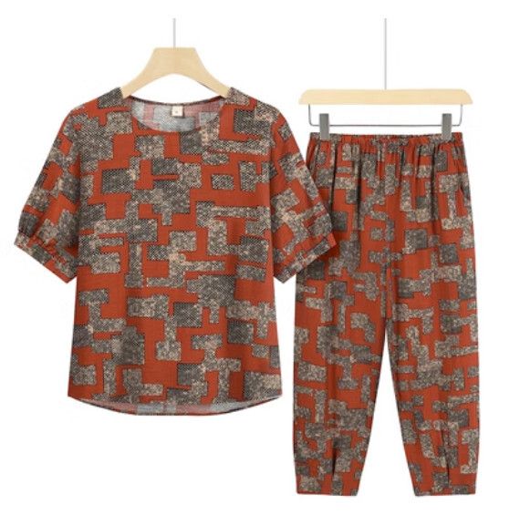 夏季中老年套裝（橘紅金格子）【尺碼：XL-3XL】【下單後聯絡客服確認發貨尺碼】F203013185