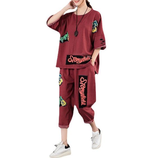 寬鬆休閒貼佈印花兩件套【磚紅色】 (尺碼：M-4XL碼) (下單後聯繫客服確認發貨尺碼)#F158027205