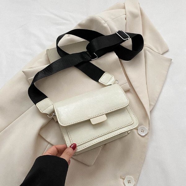 休閑寬肩帶小方包復古單肩斜挎包【白色】#H078038341
