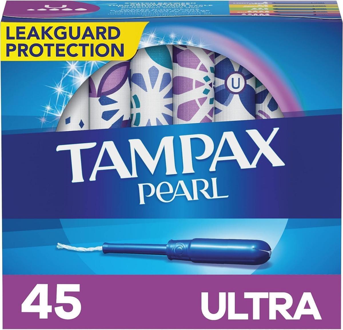 Tampax Pearl Tampons, with LeakGuard Braid, Ultra Absorbency, Unscented, 45 Count , Parallel Import