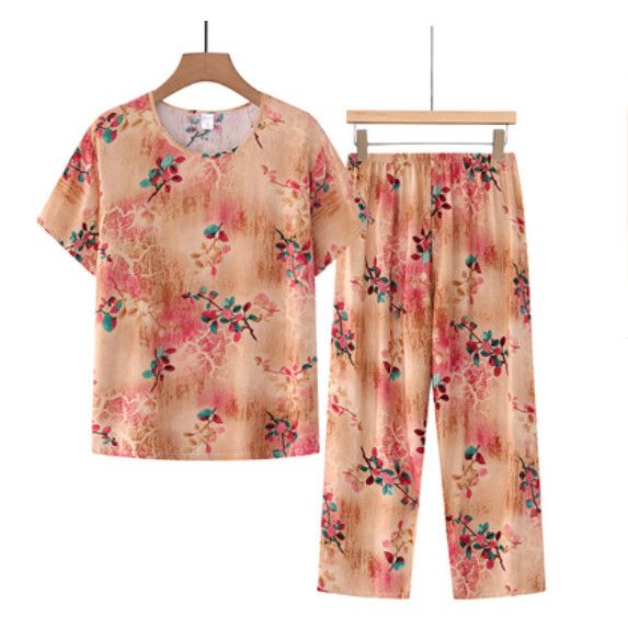 夏季中老年棉麻套裝（鵝黃小花）【尺碼：XL-4XL】【下單後聯絡客服確認發貨尺碼】F203013125