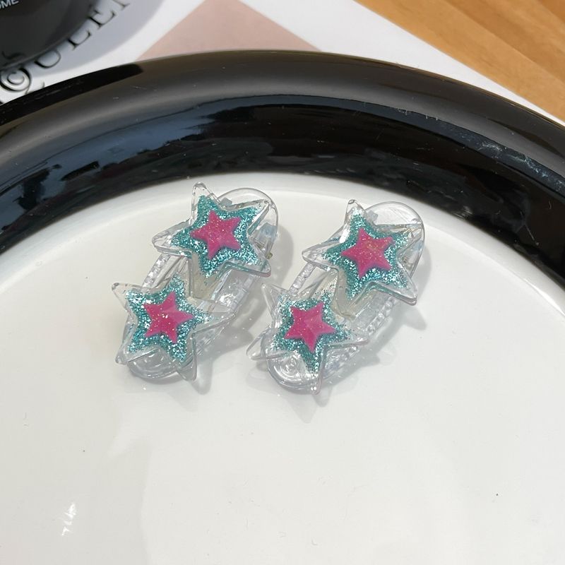 兒童彩色小髮夾側邊夾 頭飾/髮飾(18-鴨夾雙星藍色+玫粉-1對)