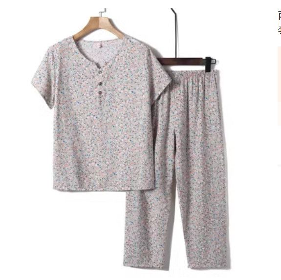 夏季中老年綿綢套裝（淺色小花）【尺碼：XL-4XL】【下單後聯絡客服確認發貨尺碼】F203013057