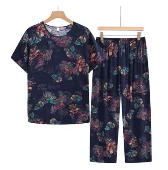 夏季中老年棉麻休閒套裝（松葉暗黑）【尺碼：XL-3XL】【下單後聯絡客服確認發貨尺碼】F203013084