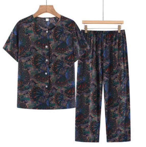 夏季中老年兩件套套裝（暗夜羽毛）【尺碼：XL-5XL】【下單後聯絡客服確認發貨尺碼】F203013169