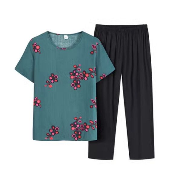 夏季中老年兩件套套裝（豆綠色）【尺碼：XL-4XL】【下單後聯絡客服確認發貨尺碼】F203013050