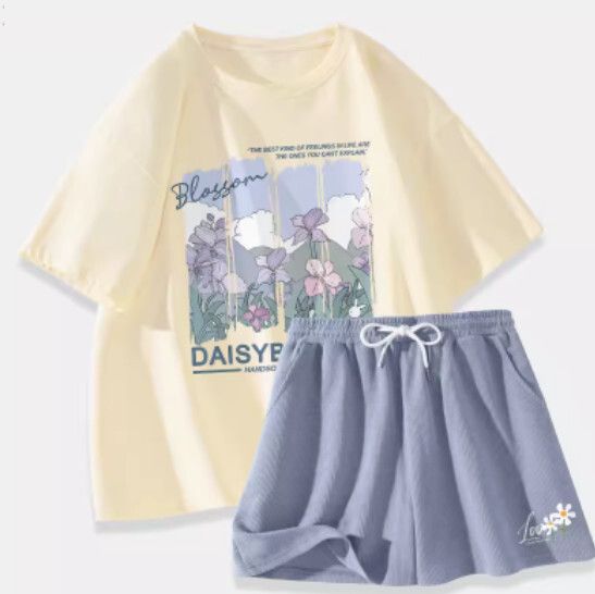 短袖t恤短褲兩件套【奶白色（山間鳶尾）+藍褲】【S-XL碼】（下單後請聯絡客服確認發貨尺碼）#K011002596