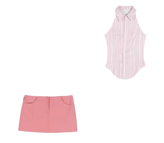 Polo領條紋小吊帶背心半身裙兩件套（粉色襯衫背心+粉色半身裙）（規格：S-L碼）(下單後聯絡客服確認發貨尺碼)#F047043950