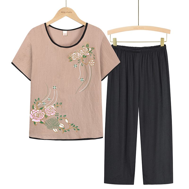 中老年媽媽短袖套裝(XL-4XL碼 杏色）【下單後請聯絡客服確認發貨尺碼】F001099442