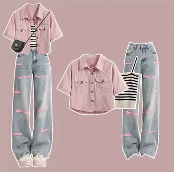 女士夏裝三件套（條紋吊帶+粉色牛仔外套+藍色牛仔褲L-XL）（下單後聯絡客服確認發貨尺碼）#F350001114