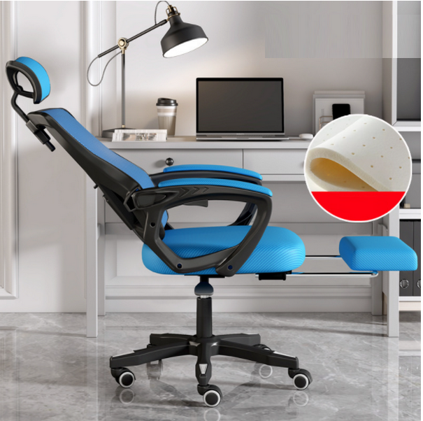 升降轉椅辦公電腦椅電競椅(黑框藍網可躺款+乳膠坐墊+踏腳)