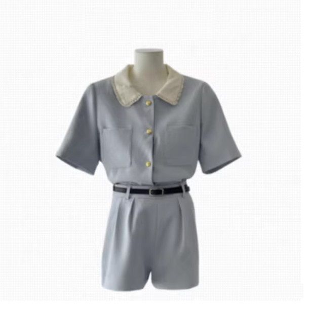 藍白氣質短袖上衣短褲套裝（套裝）（尺碼：S/M/L）（下單後聯絡客服確認尺碼）#F279010052