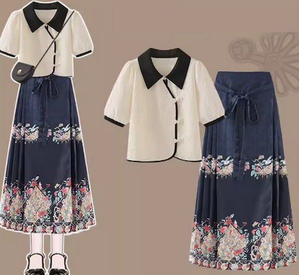 馬面裙夏裝套裝裙女（杏色上衣+藏青色馬面裙S-3XL）（下單後聯絡客服確認發貨尺碼）#F350001219