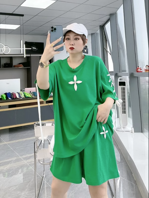 寬鬆短袖T恤短褲兩件套（綠色L-4XL）（下單後聯絡客服確認發貨尺碼）#F349001121