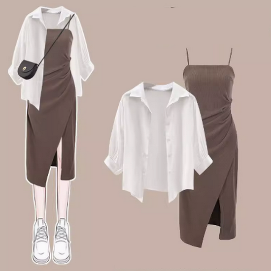 夏季防曬套裝裙（ 白色衫+咖色吊帶裙 S-2XL） （下單後聯絡客服確認發貨尺碼）#F350001007
