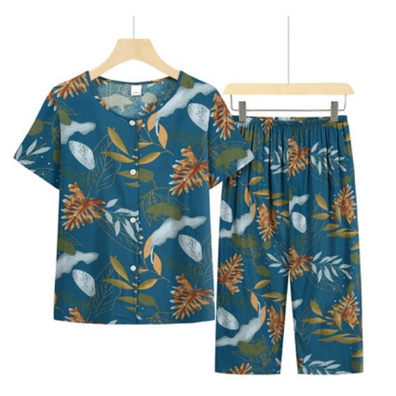 夏季中老年綿綢套裝（深天藍）【尺碼：XL-4XL】【下單後聯絡客服確認發貨尺碼】F203013331