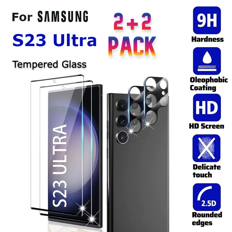 [2+2 Pack] For Samsung S23 Ultra Screen Protector + 2 Pack Camera Lens  Protector, HD Clear Tempered Glass Film, Touch Sensitive, 9H Hardness,  Tempered