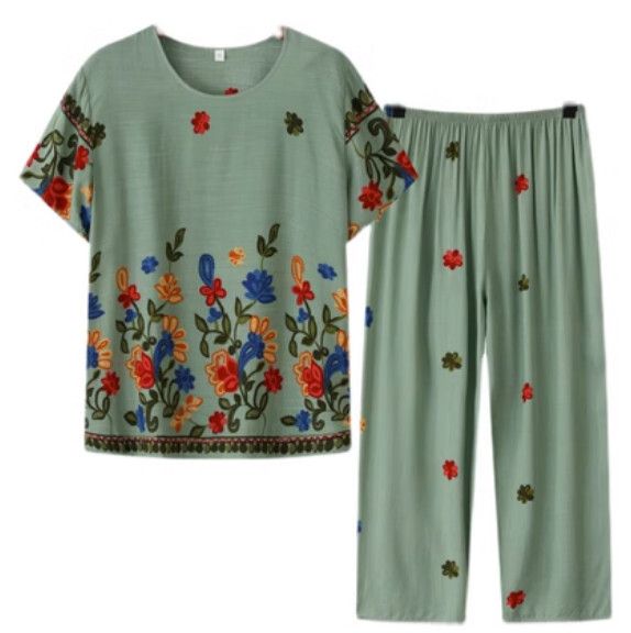 夏季中老年綿綢休閒套裝（豆綠色）【尺碼：XL-5XL】【下單後聯絡客服確認發貨尺碼】F203013114