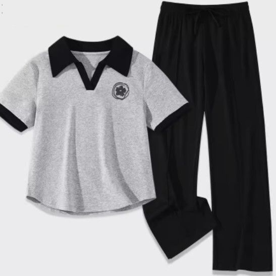 冰絲開衩褲子兩件套【麻灰色（斑駁花）+黑褲】【S-2XL碼】（下單後請聯絡客服確認發貨尺碼）#K011002667