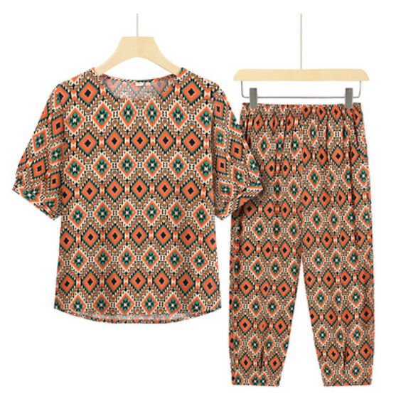 夏季中老年兩件套套裝（橙紅寶石格）【尺碼：XL-3XL】【下單後聯絡客服確認發貨尺碼】F203013156
