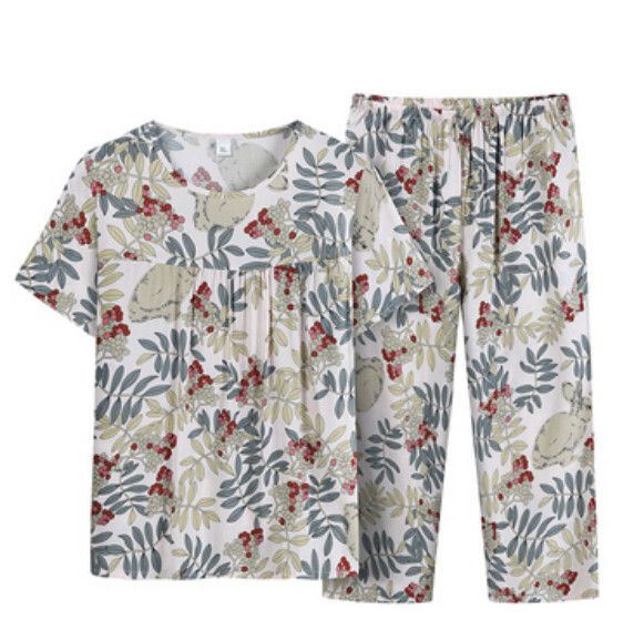 夏季中老年綿綢套裝（淺色千葉）【尺碼：XL-4XL】【下單後聯絡客服確認發貨尺碼】F203013159